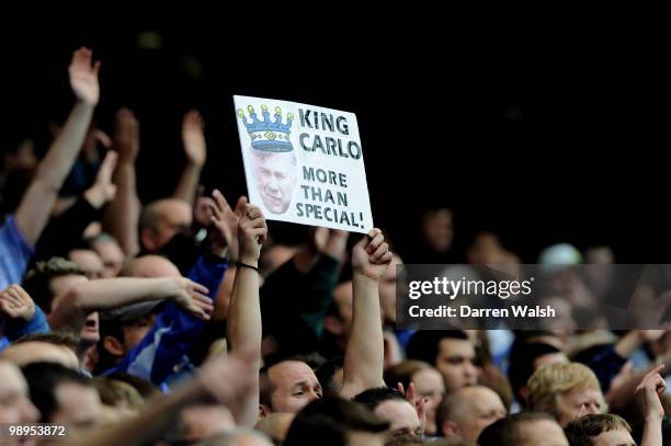 Chelsea fans hold up a banner during the Barclays Premier League match between Chelsea and Wigan Athletic at Stamford Bridge on May 9, 2010 in...
