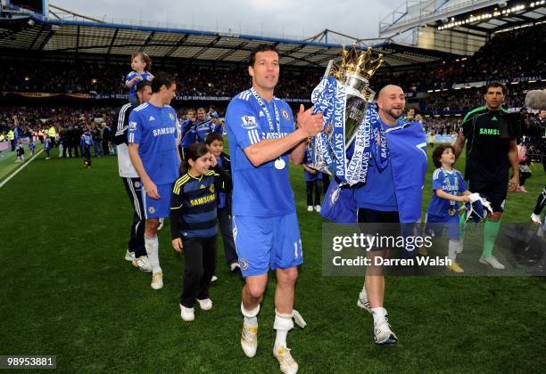 Chelsea's Michael Ballack celebrates after winning the league with an 8-0 victory during the Barclays Premier League match between Chelsea and Wigan...