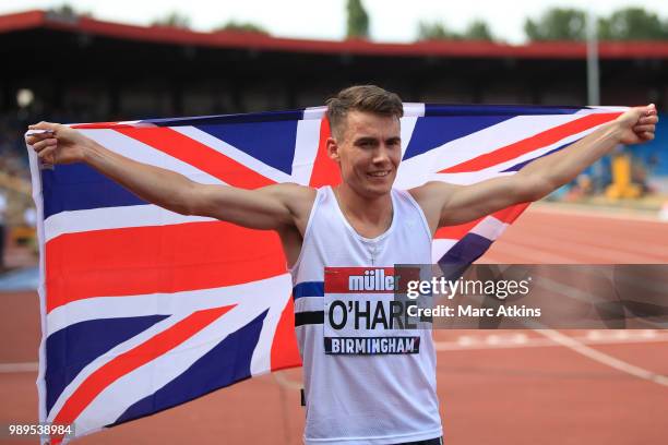 Chris O'Hare of Great Britain celebrates winning the Men's 1500m Final during Day Two of the Muller British Athletics Championships at the Alexander...