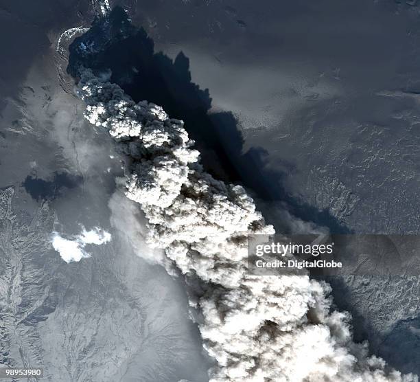 In this satellite image, the Eyjafjallajokull Volcano is seen erupting May 10, 2010 in Eyjafjallajokull, Iceland.