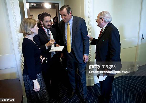 Sen. Jeff Merkley and Sen. Carl Levin leave after a press conference on Capitol Hill May 10, 2010 in Washington, DC. Levin and Merkley held the press...