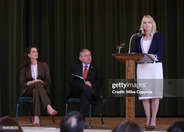 Actress Brooke Shields and U.S. Sen. Robert Menendez look on as former first lady of New Jersey Mary Jo Codey speaks at the MOTHERS act, legislation...