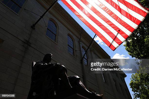 Statue of John Harvard is seen on May 10, 2010 in Harvard Yard in Cambridge, Massachusetts. U.S. President Barack Obama announced today the...