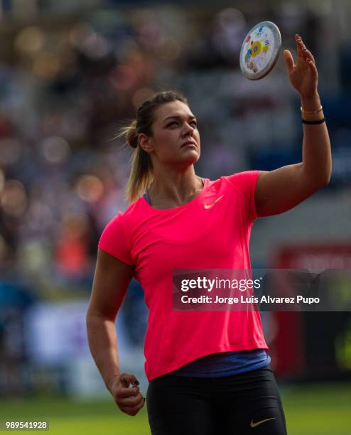 Sandra Perkovic of Croatia competes in the Discus Throw Women of the IAAF Diamond League Meeting de Paris 2018 at the Stade Charlety on June 30, 2018...