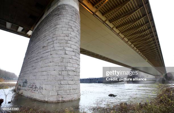 Ship floats under the bridge of the A42 road near Duisburg, Germany, 27 December 2017. An excursion ship crashed into one of the bridge's pillars...