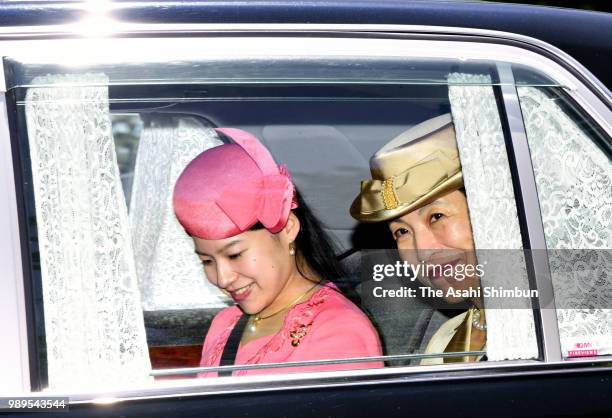 Princess Ayako of Takamado is seen on arrival at the Imperial Palace to report her engagement with and her mother Princess Hisako of Takamado on July...