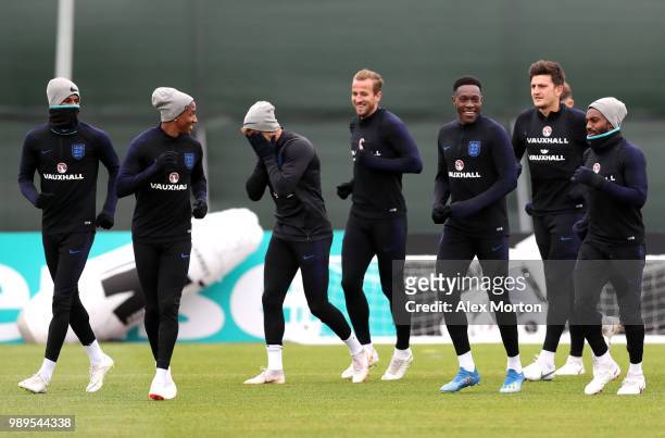 Harry Kane of England and his team mates enjoy the atmosphere at training during the England training session at the Stadium Spartak Zelenogorsk on...