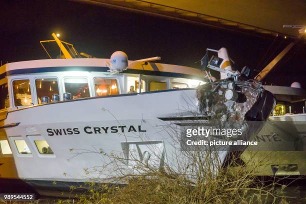 Damaged bow of the excursion ship "Swiss Crystal" can be seen after it has crashed into a supporting pillar of the A42 autobahn injuring 27 passenger...