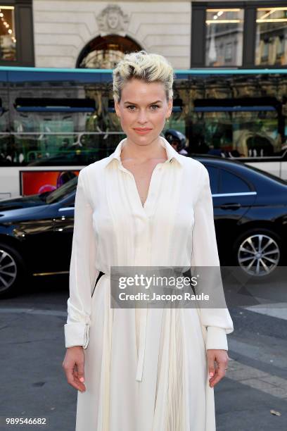 Alice Eve is seen at the Schiaparelli Haute Couture Fall Winter 2018/2019 Show on July 2, 2018 in Paris, France.