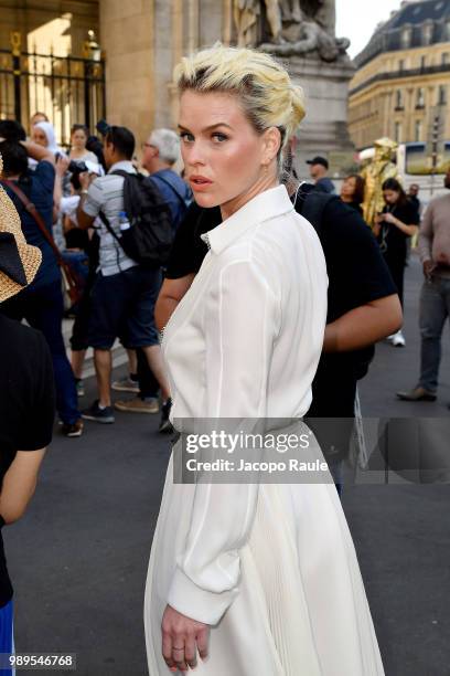 Alice Eve is seen at the Schiaparelli Haute Couture Fall Winter 2018/2019 Show on July 2, 2018 in Paris, France.