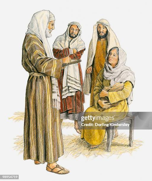 illustrations, cliparts, dessins animés et icônes de illustration of zechariah standing in front of a seated elizabeth who is holding her baby, and writing on tablet because he is still unable to speak - john