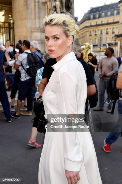 Alice Eve is seen at the Schiaparelli Haute Couture Fall Winter 2018/2019 Show on July 2, 2018 in Paris, France.