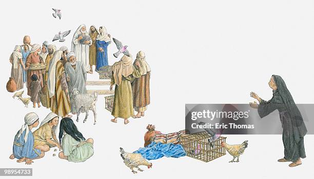 illustration of mary and joseph watching simeon holding baby jesus as children play in foreground near woman with birds - holy family jesus mary and joseph stock illustrations