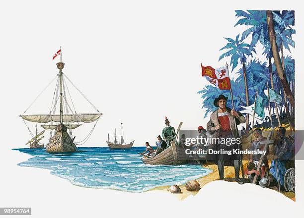 illustration of christopher columbus with boats santa maria, pinta and nina arriving on island with royal banner and cross - cristobal colon stock-grafiken, -clipart, -cartoons und -symbole