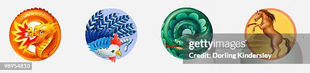 illustrations of dragon, chicken, snake, and horse, all in circles - chicken snake stock-grafiken, -clipart, -cartoons und -symbole