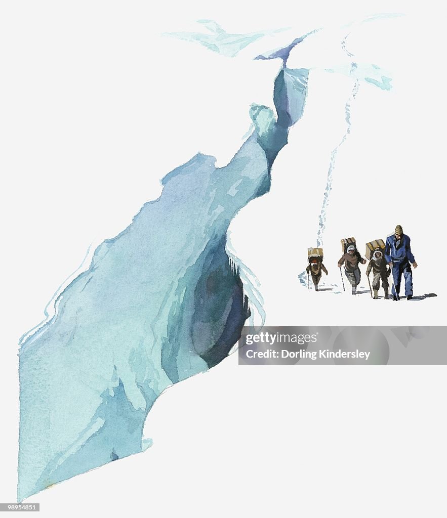 Illustration of Sir Edmund Hillary using Sherpas to carry supplies near crevasse