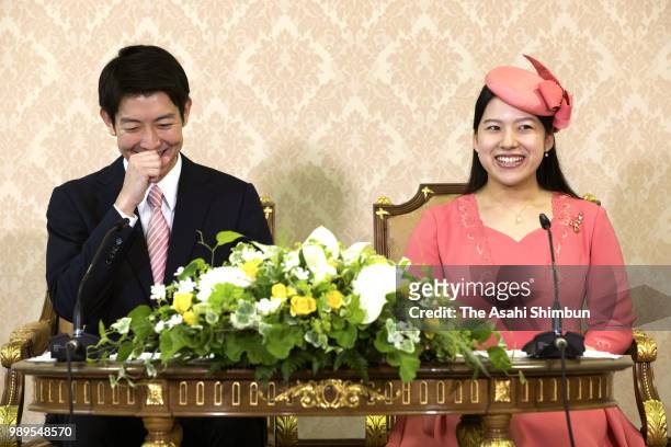 Princess Ayako of Takamado and her fiance Kei Moriya attend a press conference on their engagement at the Imperial Household Agency on July 2, 2018...