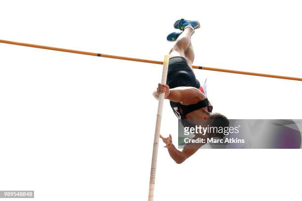Joel Leon Benitez of Great Britain competes during the men's pole vault final during Day Two of the Muller British Athletics Championships at the...
