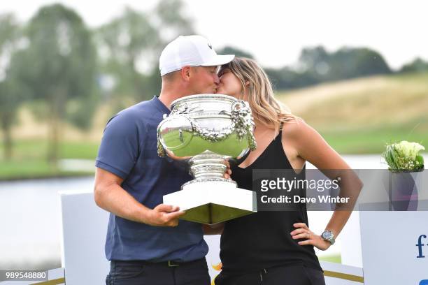 Alex NOREN of Sweden celebrates with his wife Jennifer after he wins the HNA French Open on July 1, 2018 in Saint-Quentin-en-Yvelines, France.