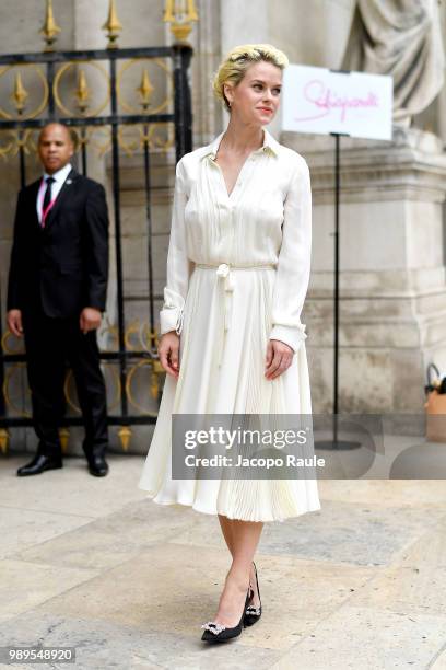 Alice Eve is seen at the Schiaparelli Haute Couture Fall Winter 2018/2019 Show on July 2, 2018 in Paris, France.