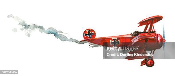 stockillustraties, clipart, cartoons en iconen met illustration of manfred von richthofen's bright red fokker dr.i triplane falling from sky - fokker aircraft