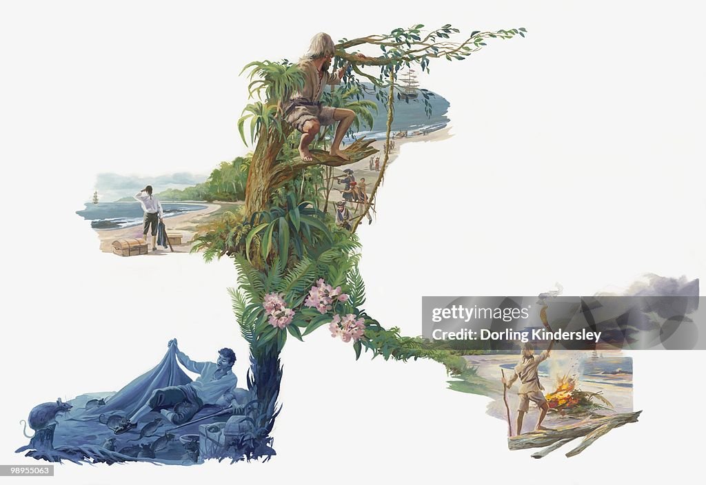 Series of illustrations of castaway Alexander Selkirk in isolated jungle home, rats attacking him at night, and fire used as rescue signal