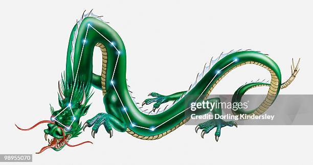 illustration of a dragon with the dragon (draco) star constellation on top of it - draco stock illustrations