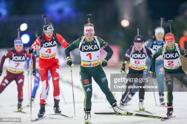 German biathletes Nadine Horchler and Franziska Hildebrand in action during the the 16th Biathlon World Team Challenge in the Veltins Arena in...