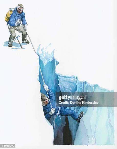 illustration of tenzig norgay helping edmund hilary on their ascent to mt everest by securing safety rope at top of crevasse - crevasse stock illustrations