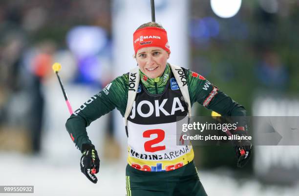 German biathlete Franziska Hildebrand in action during the the 16th Biathlon World Team Challenge in the Veltins Arena in Gelsenkirchen, Germany, 28...