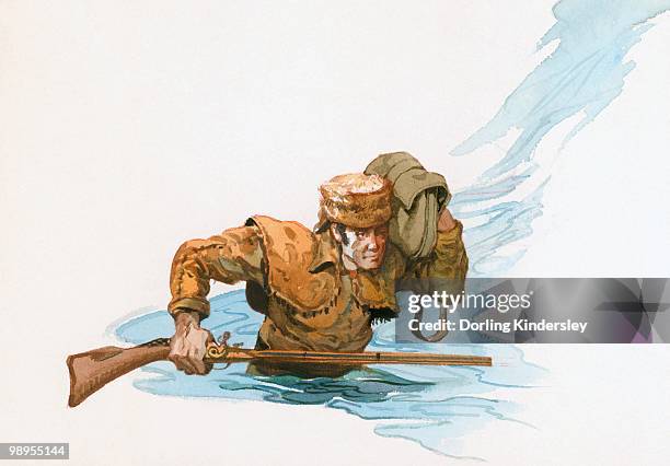 illustration of davy crockett waist deep in river holding rifle and carrying rucksack above water - wading stock illustrations stock illustrations