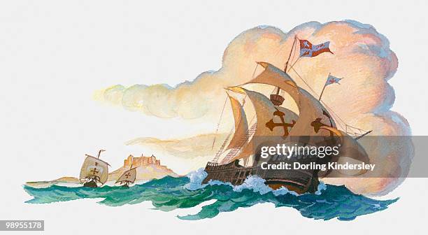 illustration of christopher columbus' ship santa maria at sea - replica santa maria ship stock illustrations