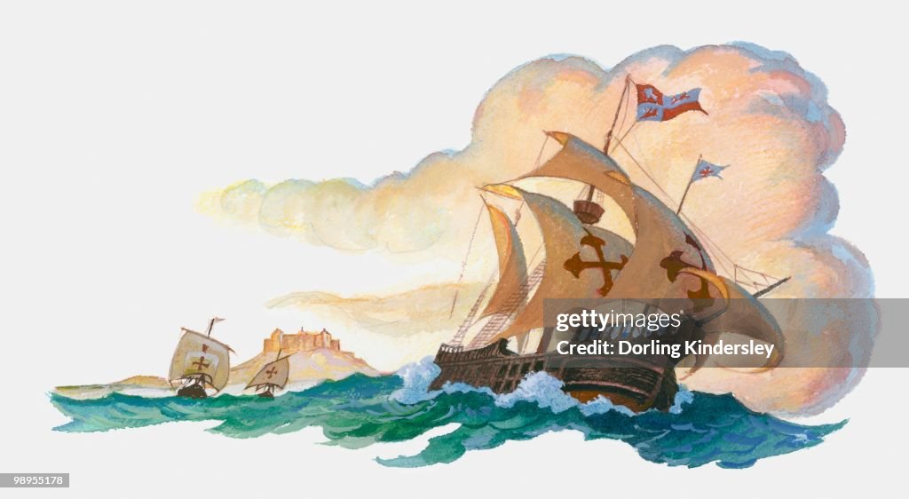 Illustration of Christopher Columbus' ship Santa Maria at sea