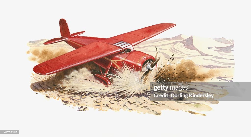 Illustration of Amelia Earhart's Lockheed Vega crash landing in desert