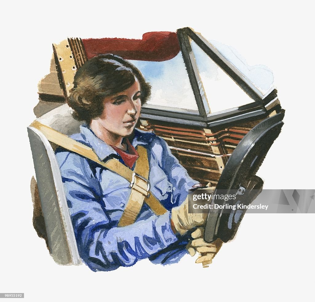 Illustration of Amelia Earhart sitting in cockpit of Lockheed Vega aeroplane