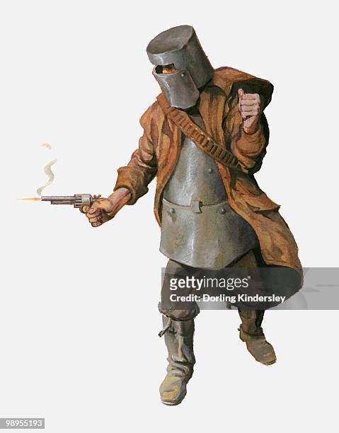 illustration of ned kelly wearing home made armour and shooting handgun - ned kelly stock illustrations