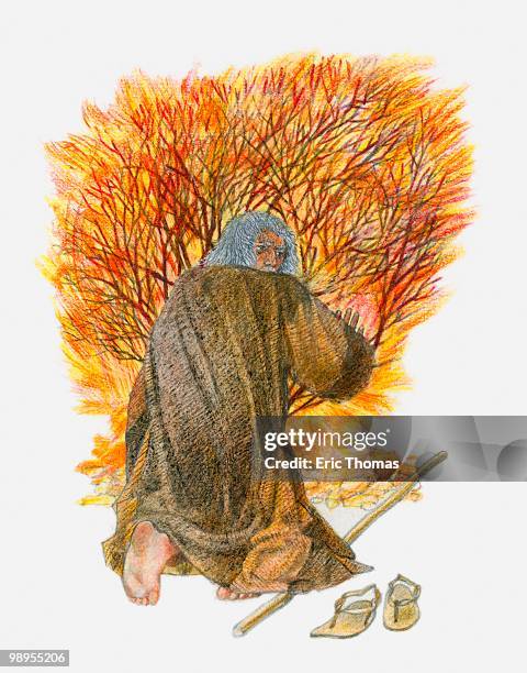 ilustraciones, imágenes clip art, dibujos animados e iconos de stock de illustration of moses as an elderly man kneeling in front of burning bush - burning bush