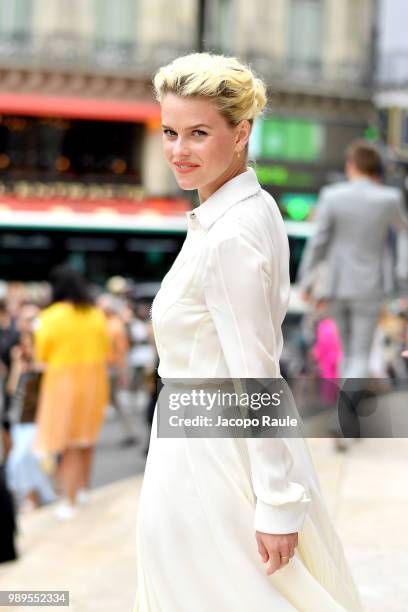 Alice Eve is seen at the Schiaparelli Haute Couture Fall Winter 2018/2019 Show on July 2, 2018 in Paris, France.