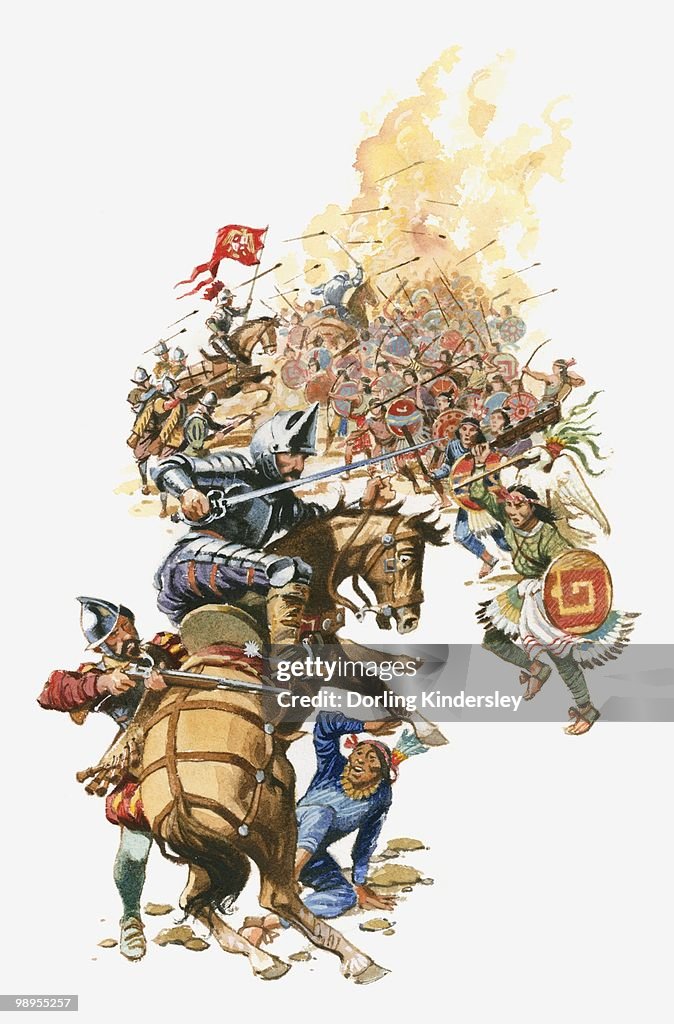 Illustration of siege of Tenochtitlan by Cortes and his soldiers on horseback and carrying swords to attack Aztec warriors