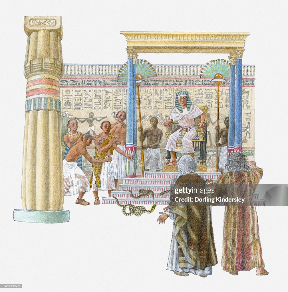 Illustration of Moses and Aaron standing in front of Pharaoh and the royal magicians