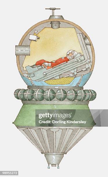 cross section illustration of yuri gagarin in vostok 1 space capsule - space capsule stock illustrations