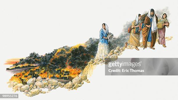 illustration of lot and his daughters fleeing the cities of sodom and gomorrah as fire and brimstone rain down upon them - sodom and gomorrah stock illustrations