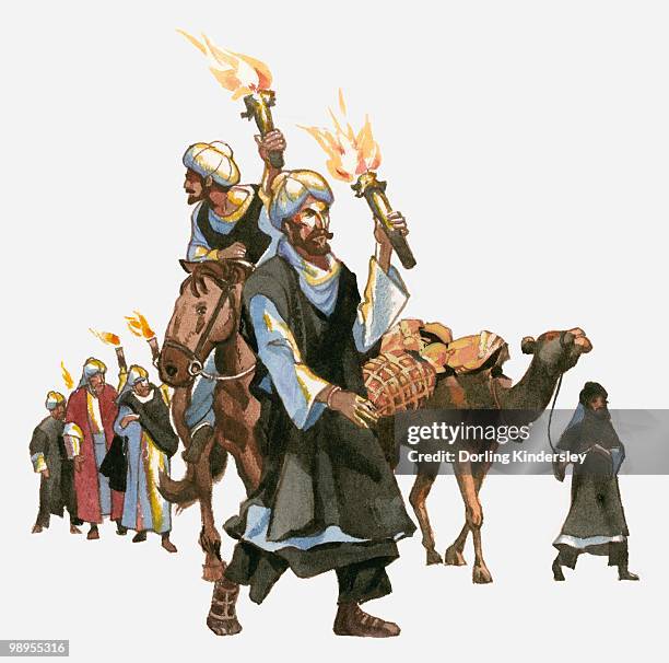 illustration of ibn battuta and men holding flaming torches as they leave mecca - dorling kindersley stock-grafiken, -clipart, -cartoons und -symbole