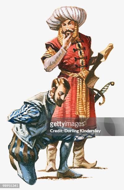 illustration of algerian corsair standing over cervantes who is kneeling with hands tied behind back - dorling kindersley stock illustrations
