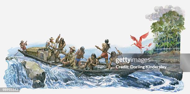 illustration of alexander von humboldt and aime bonpland with south american natives bailing water from boat on river orinoco rapids - alexander von humboldt stock illustrations