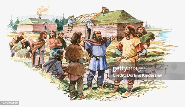 illustration of viking leif eriksson talking to men as his crew build houses - viking stock-grafiken, -clipart, -cartoons und -symbole