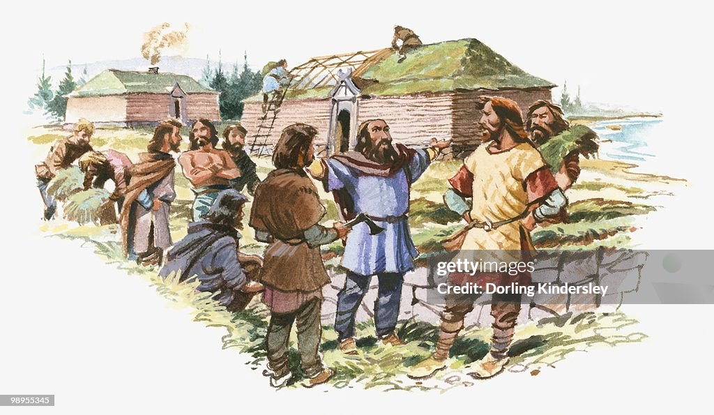 Illustration of Viking Leif Eriksson talking to men as his crew build houses
