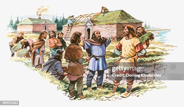 illustration of viking leif eriksson talking to men as his crew build houses - dorling kindersley stock illustrations
