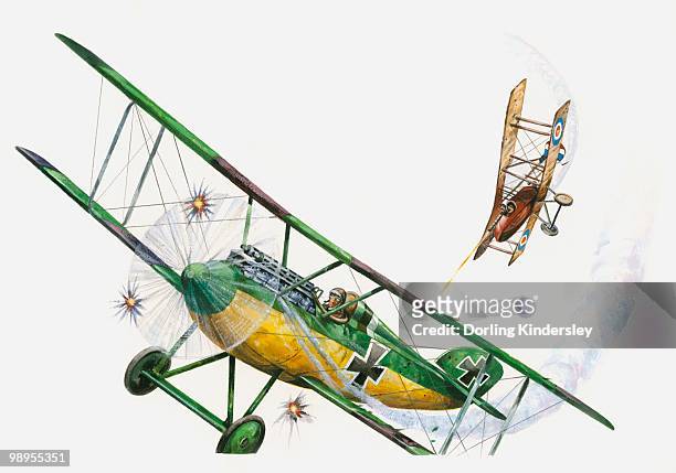 stockillustraties, clipart, cartoons en iconen met illustration of world war one raf sopwith camel pursuing german fokker aeroplane - fokker aircraft
