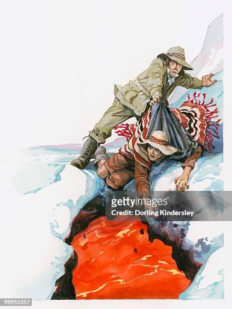 illustration of wilhelm von humboldt gripping poncho of companion francisco jose de caldas to prevent him from falling into lava - dorling kindersley stock illustrations
